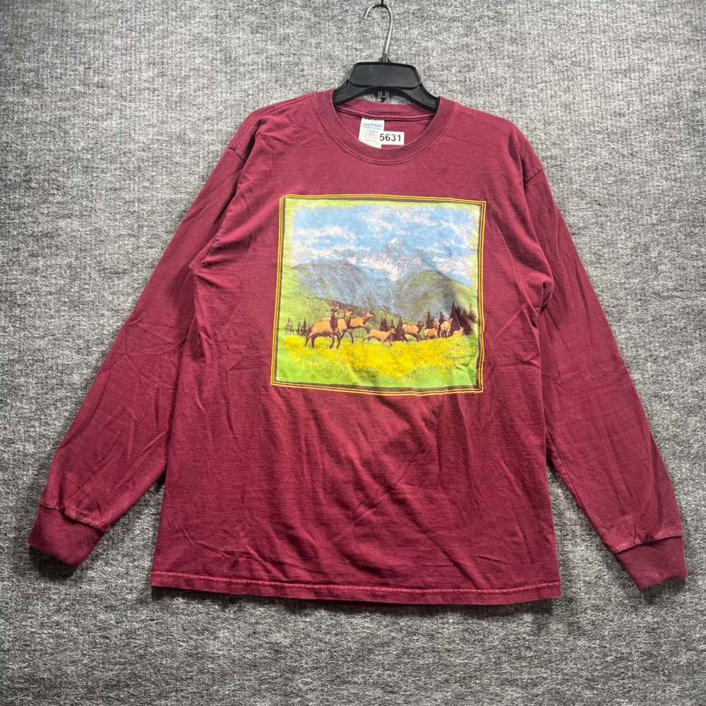 Gildan Ultra Cotton Maroon Elk Mountain Graphic Long Sleeve Shirt Mens Large L